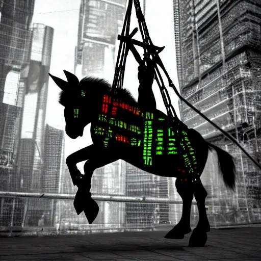 Prompt: donkey riding in a swing, cyberpunk style