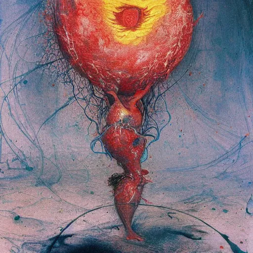 Image similar to a sphere being devoured by abstract splatters of paint in the style of francis bacon, venus being engulfed in flames in the style of james jean, surreal, beksinski, high detailed