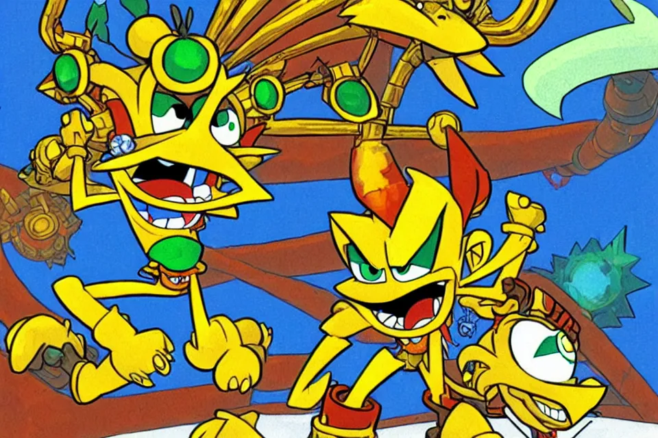 Image similar to concept sketches of crash bandicoot wearing a gold crown riding a large dragon by jamie hewlett, in the style of megaman, micro detail
