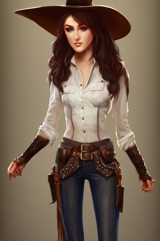 Prompt: full body, katherine mcnamara cowgirl, perfect face, white blouse, holster, 8 k, magic the gathering, desert, d & d, artstation, high detail, smooth, sweaty character concepts by senior concept artist