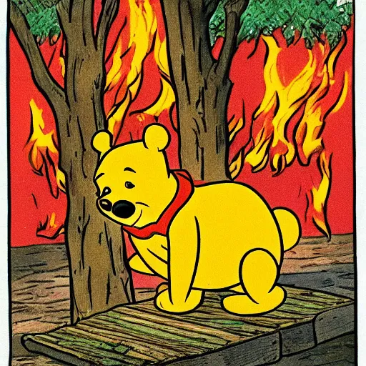 Image similar to winnie the pooh lighting a house on fire, in the style of winnie the pooh