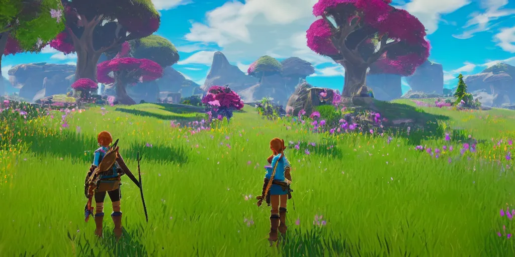 Image similar to ! dream colour theory cascading concept art of spring flower landscape in the style of breath of the wild, fortnite season 1 beautiful, fortnite graphics