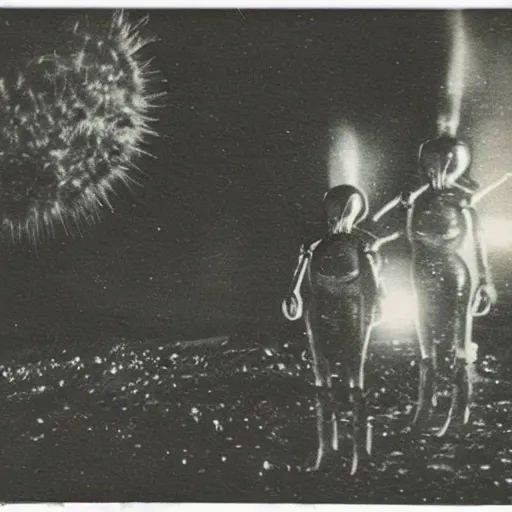 Image similar to polaroid photograph of aliens visiting earth, 1 9 5 0