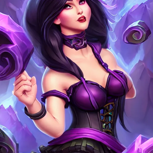 Image similar to a beautiful woman with long black hair, wearing a black corset top and a purple tutu, Hearthstone official splash art