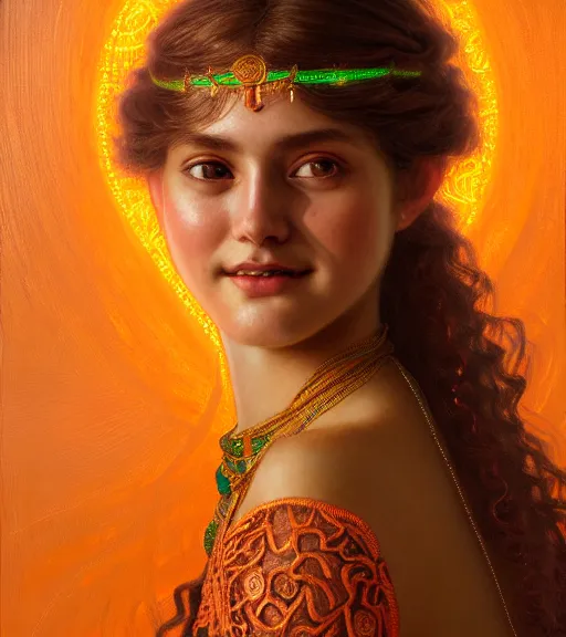 Image similar to portrait of teenage godess, snake hair, naughty smile, wearing an embroidered orange tunic, intricate, elegant, copper and emerald jewelry, glowing lights, seductive. highly detailed, digital painting, artstation, concept art, smooth, sharp focus, illustration, art by wlop, mucha, artgerm, and greg rutkowski