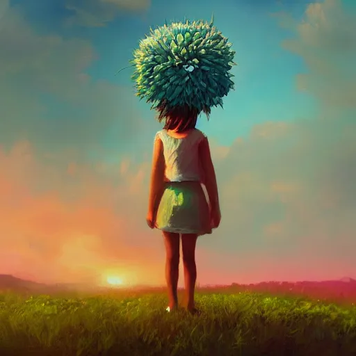 Image similar to closeup, giant flower head, girl standing on cliff, surreal photography, sunrise, blue sky, dramatic light, impressionist painting, digital painting, artstation, simon stalenhag