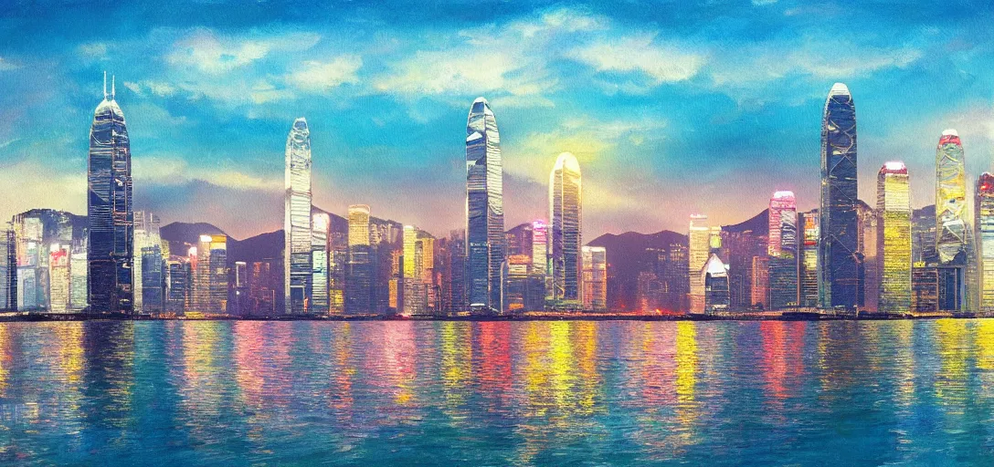 Image similar to Romantic painting of the Hong Kong Skyline