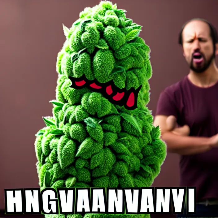 Image similar to giant angry anthropomorphic angry marijuana plant