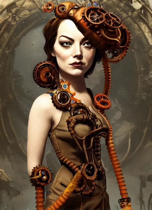 Image similar to underwater steampunk bioshock pirate portrait of emma stone, octopus, hyper detailed, digital art, trending in artstation, cinematic lighting, studio quality, smooth render, unreal engine 5 rendered, octane rendered, art style by klimt and nixeu and ian sprigger and wlop and krenz cushart.