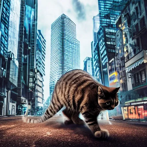 Image similar to a cat kaiju stomping through a city, realistic, 8 k, low angle