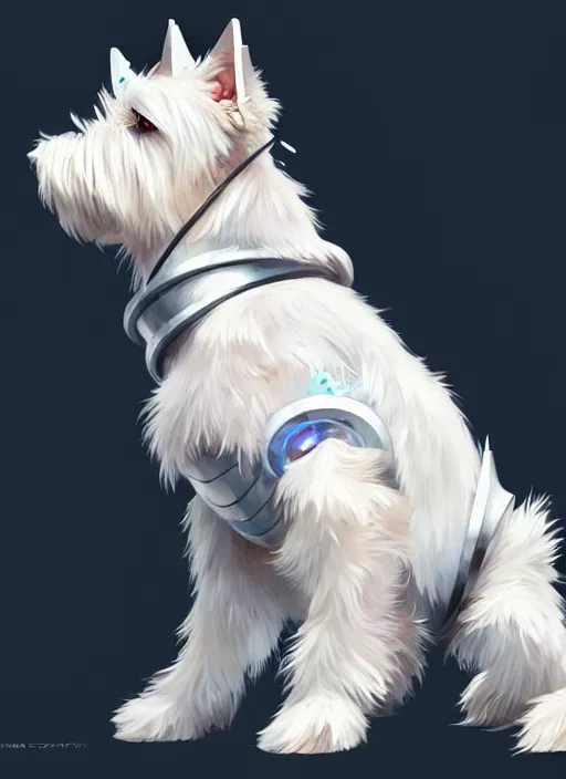 Image similar to a west highland white terrier, anime art style, wearing futuristic, led - lit armor, and a cannon mounted on his back, portrait, high detail, sharp focus, digital painting, artstation, concept art, art by hayao miyazaki and artgerm and greg rutkowski and alphonse mucha.