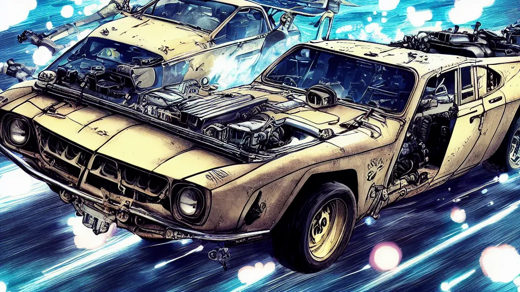 Image similar to anime illustration of mad max's fj 4 0 pursuit special, the last v 8 interceptor driving down to the gates of valhalla highway, riding fury road eternal shiny and chrome, world of fire and blood, by makoto shinkai, ilya kuvshinov, lois van baarle, rossdraws, basquiat, global illumination ray tracing hdr