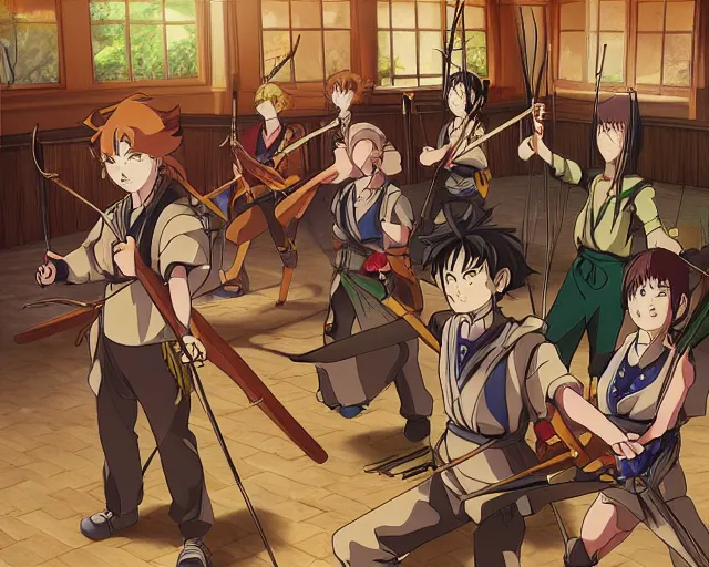 Prompt: cell shaded anime key visual of a group apprentice wizards training in an archery dojo in the style of studio ghibli, moebius, ayami kojima, makoto shinkai, dramatic lighting, clean lines