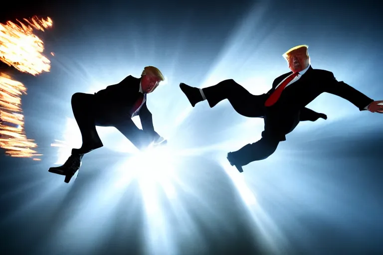 Image similar to a hero shot of Donald Trump doing a jump kick, back lit, epic, photo