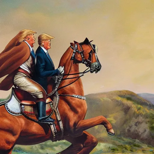 Prompt: Donald Trump riding on the back of a giant boxer dog with a saddle, oil painting highly detailed