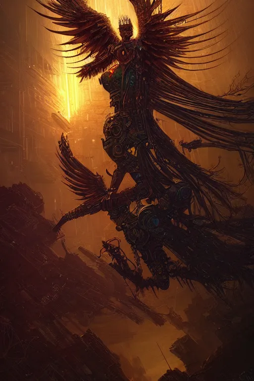 Image similar to a beautiful tarot card artwork of a cyberpunk fallen dark seraphim, horror, backlit, gloomy sky, highly detailed, digital painting, intricate golden threads, by eddie mendoza and greg rutkowski and dan mumford and artgerm, vivid colors, detailed shading, 8 k resolution, intricate, smooth