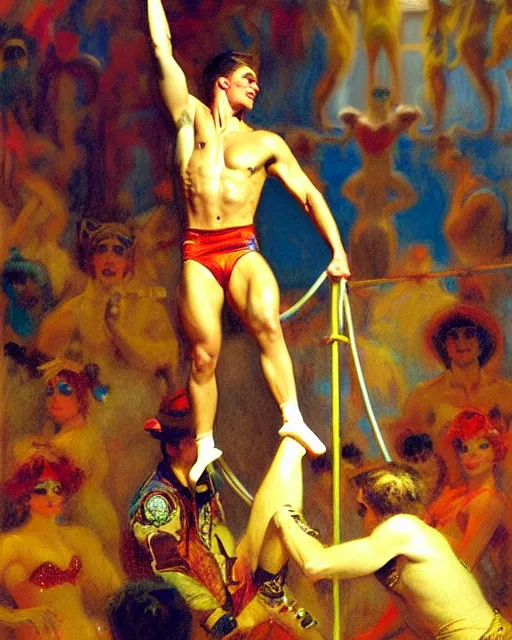 Image similar to attractive male acrobat performing trips from the highwire in the center ring of a three ring circus, the crowd looks on in excitement, spotlight on the acrobat, bright colors, painting by gaston bussiere, craig mullins, j. c. leyendecker