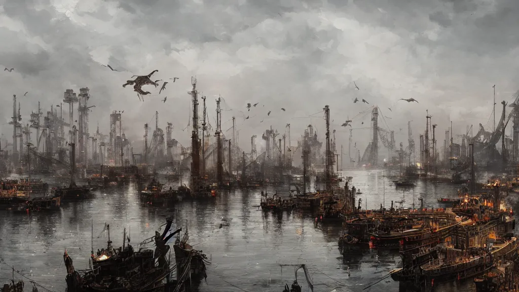 Prompt: Magnificent view of huge harbor with cranes, papyrus, watercolored, jakub rozalski, dark colours, dieselpunk, artstation