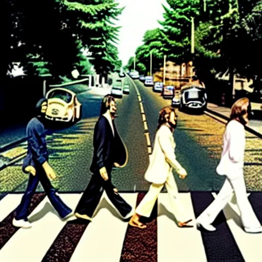 Prompt: abbey road album cover but the beatles slipped and fell