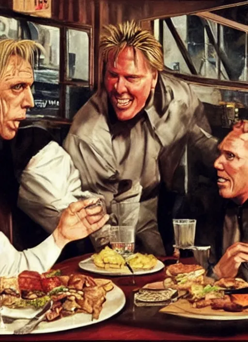 Prompt: gary busey is presented with the worst kind of food in a cafe and vows to eat the chef, by phil hale and tom lovell and frank schoonover