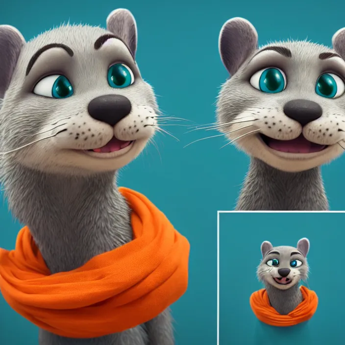 Image similar to portrait of a gray otter with turquoise hair and orange nose in the style of zootopia. volumetric lighting, subsurface scattering, hyperrealistic, octane render, hyperdetailed