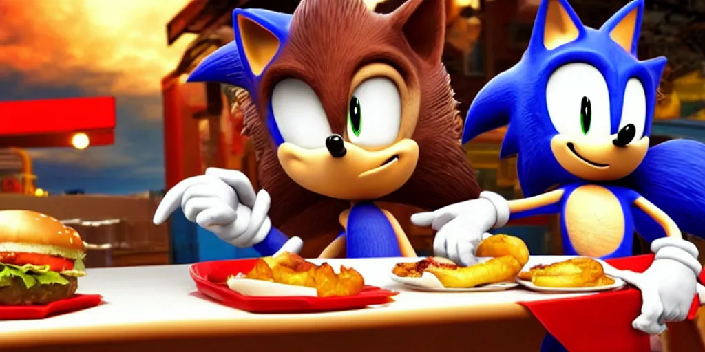 Prompt: A render of Sonic the Hedgehog sitting across from Shadow the Hedgehog at a restaurant, Sonic looks like he is shocked, Shadow is looking away in disgust, they both have hamburgers in front of them on a plate, movie, HDR, moody lighting, unique camera angle from the end of the table and between them