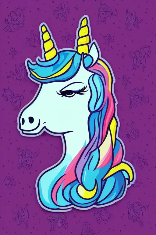 Prompt: A portrait of a gangster unicorn, sticker, highly detailed, colorful, illustration, smooth and clean vector curves, no jagged lines, vector art, smooth