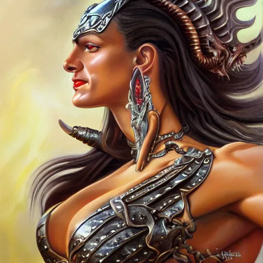 Prompt: detailed oil painting of tall hyper - muscular shining bronze - skinned warrior woman with silver eyes, riding a dragon, wearing xena armor, full body, with long wavy flowing black hair and big gold earrings, jewelry, red lipstick, makeup, feminine, volumetric lighting, dynamic composition, art by boris vallejo, heavy metal magazine