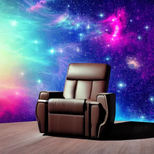 Image similar to recliner chair floating in space, space galaxy background, dramatic lighting, nebula, james webb telescope images