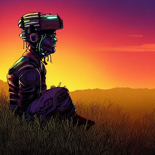 Prompt: in the style of max prentis and deathburger and laurie greasley a young explorer wearing a cyberpunk headpiece sitting in a meadow, sunset, highly detailed, 8 k wallpaper