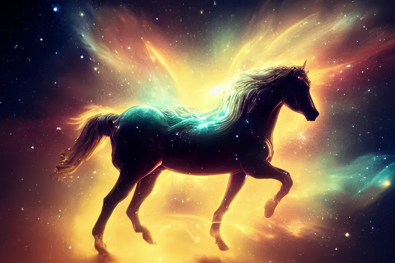 Image similar to a stunning horse made of a illuminated star chart running through a space nebula by greg rutkowski, high key lighting, volumetric light, digital art, highly detailed, fine detail, intricate, ornate, complex, octane render, unreal engine, photorealistic