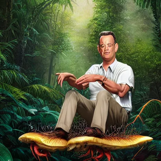 Image similar to Tom Hanks as forrest gump sitting on a giant shrimp in the jungle, realistic digital painting, in the style of Taeyoung Choi, photoreailstic, realistic face, amazing detail, sharp