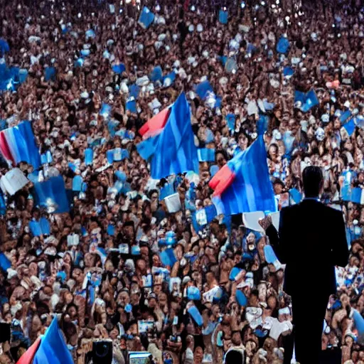 Image similar to Lady Gaga as president, Argentina presidential rally, Argentine flags behind, bokeh, giving a speech, detailed face, Argentina