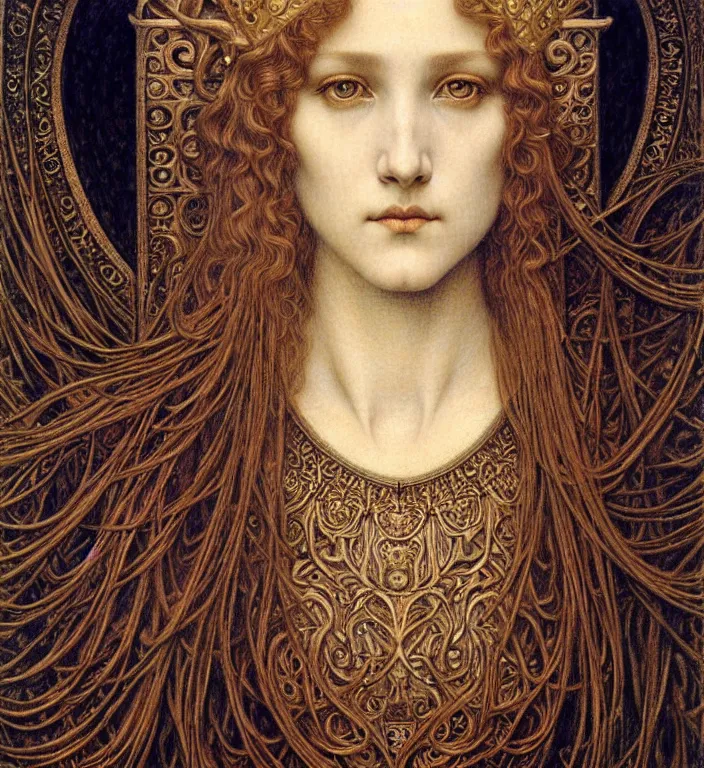 Image similar to detailed realistic beautiful young medieval queen face portrait by jean delville, gustave dore and marco mazzoni, art nouveau, symbolist, visionary, gothic, pre - raphaelite. horizontal symmetry