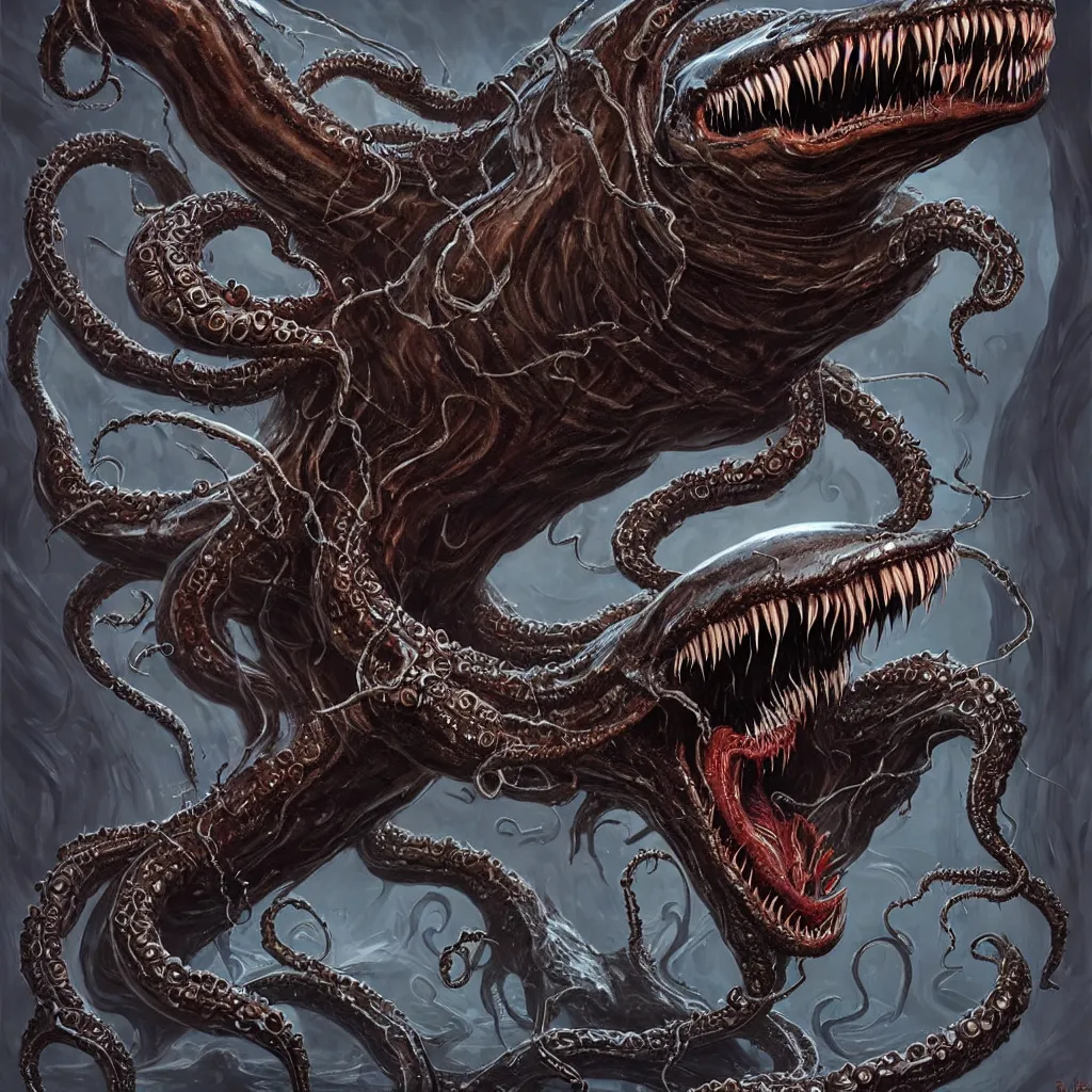 Image similar to venom, large mouth with teeth!!!!, elongated arms, short legs, lovecraftian horror!, surrealism, fantasy, intricate, elegant, highly detailed, digital painting, artstation, concept art, matte, sharp focus, illustration, art by keith thompson and christopher lane