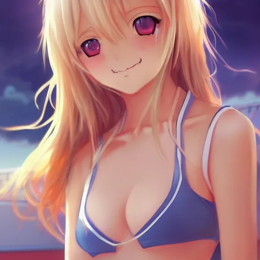 Image similar to a very beautiful young anime tennis girl, full body, long wavy blond hair, sky blue eyes, full round face, short smile, bikini, miniskirt, highly detailed, cinematic wallpaper by stanley artgerm lau