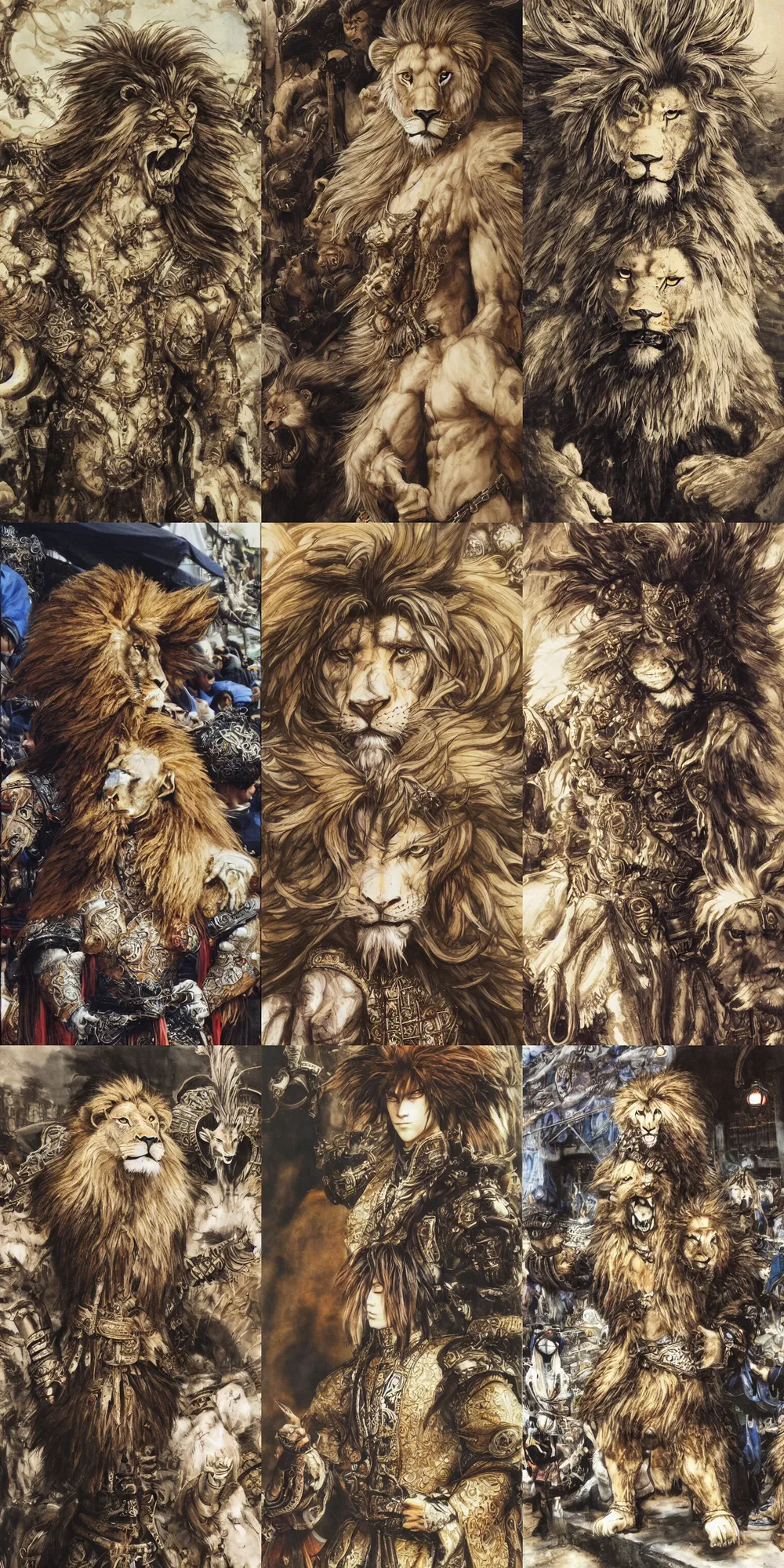 Image similar to 8 k yoshitaka amano painting of upper body of a young cool looking lion beastman with white mane at a medieval market at windy day. depth of field. he is wearing complex fantasy clothing. he has huge paws. renaissance style lighting.