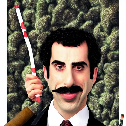 Image similar to Sacha Baron Cohen as borat smoking a giant rolled cannabis cigarette, caricature, smoke, amazing detail, digital art, artstation