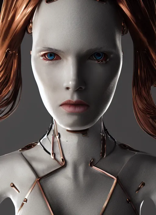 Image similar to white cyborg fashion shot, cyber copper wires and spirals hairdo, baroque design, headshot half figure, photorealistic, unreal engine, trending on artstation,