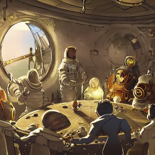 Image similar to astronauts of the round table, king arthur in space concept art, high details, intricate details, cinematic light