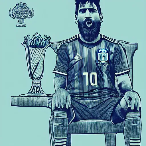 Image similar to messi sitting on a throne with argentina shirt, long beard, digital drawing, fantasy