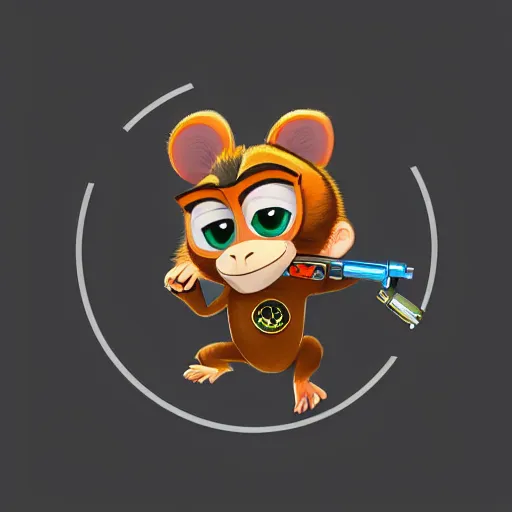 Image similar to “ logo of a monkey in the style of zootopia holding laser gun, with a black background, digital art, award winning, trending on art station, retro style ”