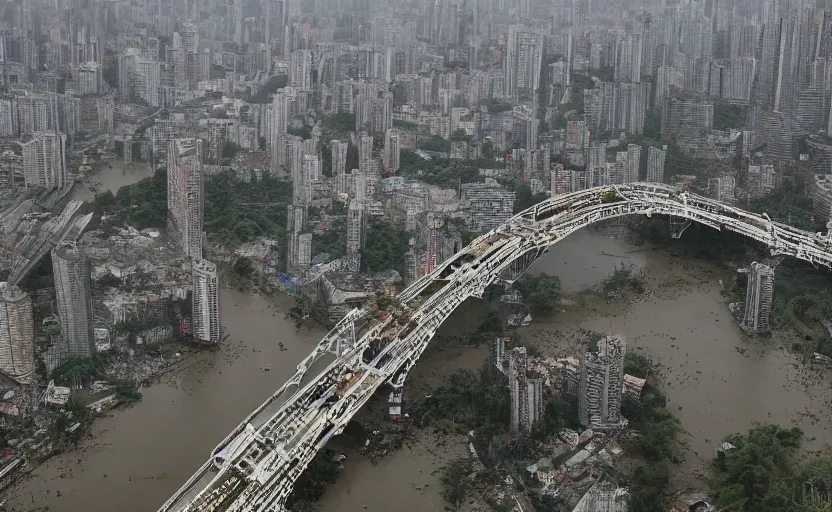 Prompt: a photo of wuhan covered in giant virus and disgusting maggots, slimy river, decrepit bridge, cinematic, 8 k, disturbing, horror, highly detailed