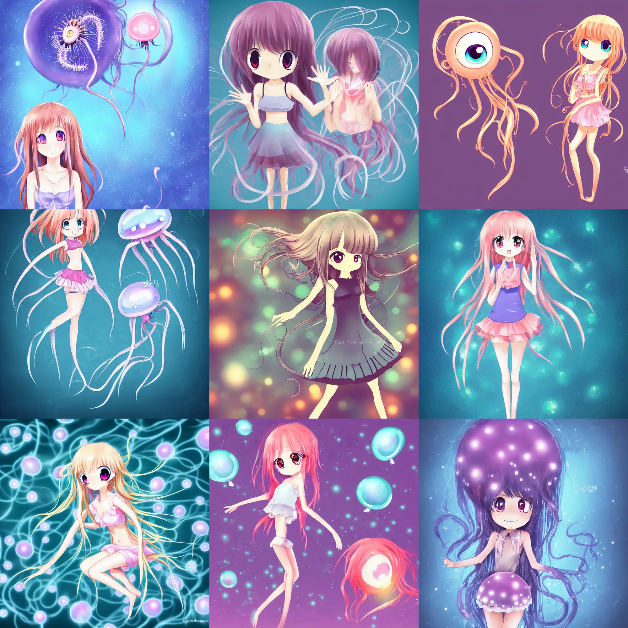 Prompt: cute, full body, female, anime style, a lively jelly fish girl, large eyes, beautiful lighting, sharp focus, simple background, creative