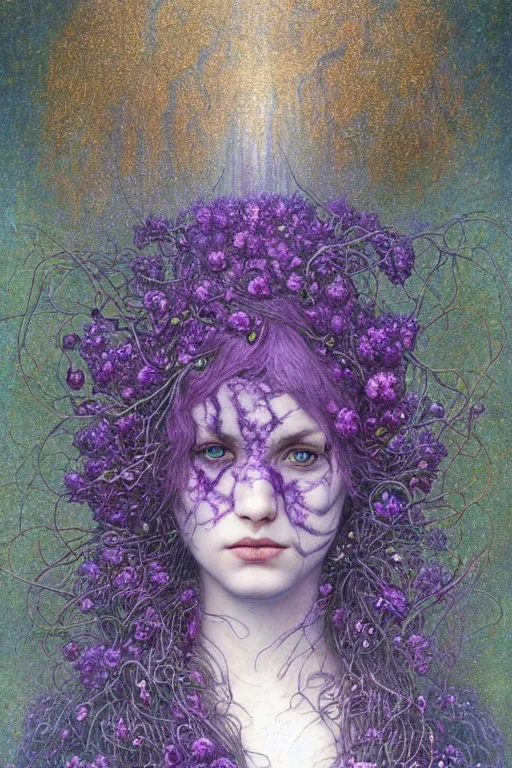 Image similar to portrait of beautiful gothic young mainem, thunderstorm, cyber armor, a lot of scars, more and more flowers, purple head, the middle ages, highly detailed, artstation, illustration, art by jean delville, 8 k quality, art by greg gandy and dragan bibin, gustav klimt