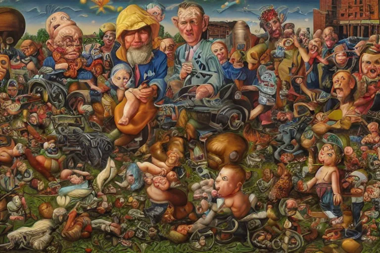 Image similar to a sparsely populated strange battle in an old hospital between old people and babies Robert Williams Mark Ryden and Alex Gross, Todd Schorr highly detailed deep perspective perfect composition