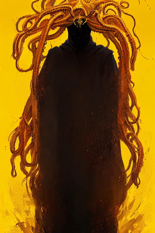 Prompt: A full body portrait of a mysterious character with no face with a very long hooded yellow cloak with a golden crown floating above his head tentacles coming out the ground art by Maciej Kuciara and Jason Chan, ominous, cosmic horror, trending on artstation, Ultra detailed, hyper realistic 4k