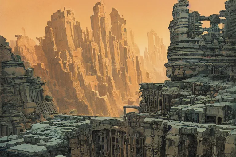 Prompt: an architectural painting of the ruins of an archaic city of ancient persia looming above a canyon by syd mead and and james gilleard in the style of hugh ferriss, ancient persian architrcture by hugh ferriss