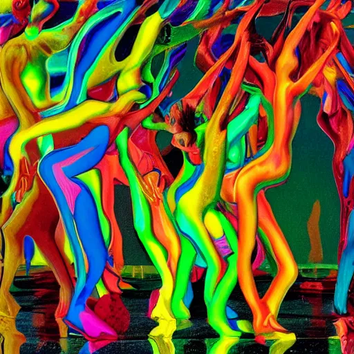 Image similar to liquid people dancing in a colorful room by lynda benglis, hyperrealistic, lightfull shadows, high detail, digital art