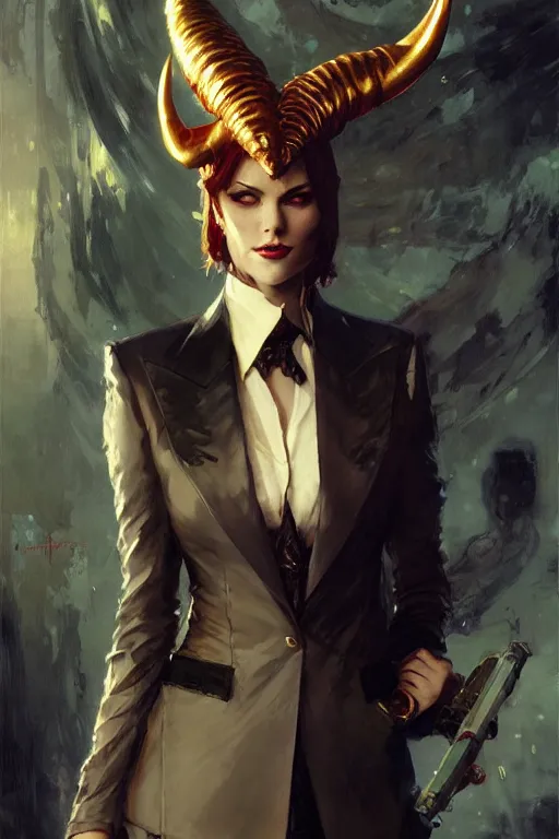 Image similar to well dressed woman in a suit with a sly smile and demon horns portrait dnd, painting by gaston bussiere, craig mullins, greg rutkowski, yoji shinkawa